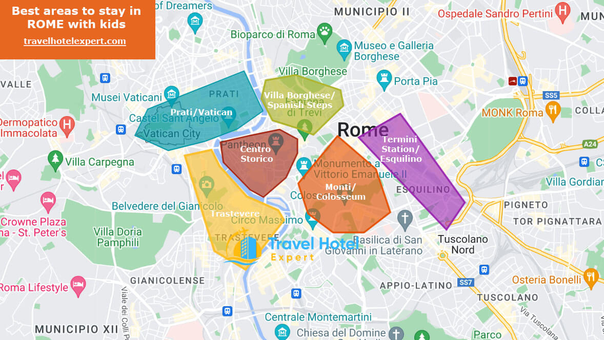 Map of best areas in Rome for familes with kids