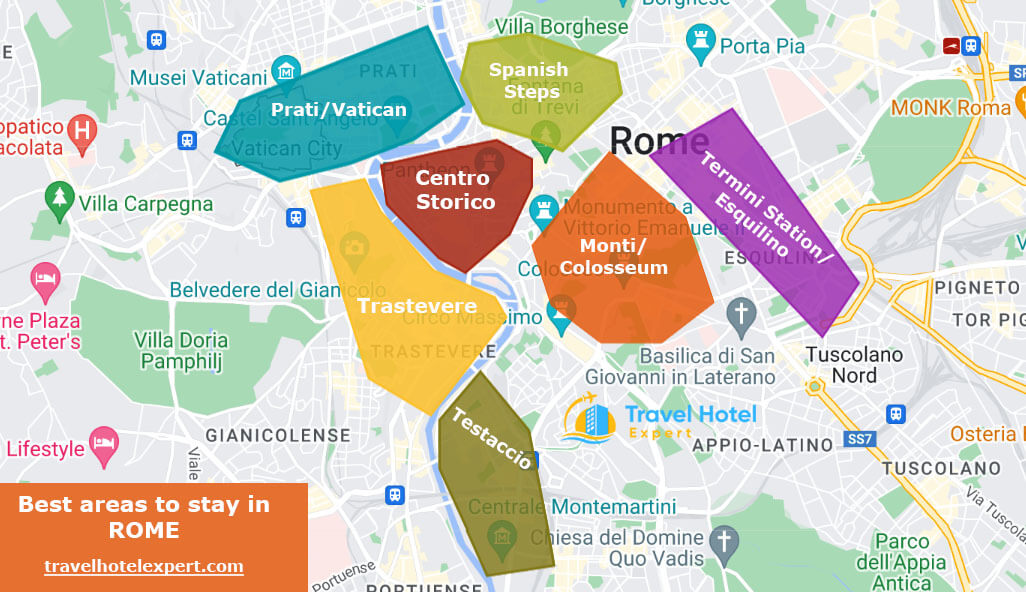 Map of the most popular areas to stay in Rome for travelers