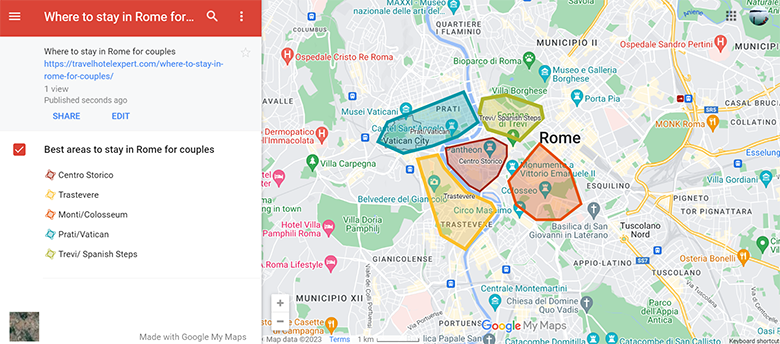 Map best areas to stay in Rome for couples