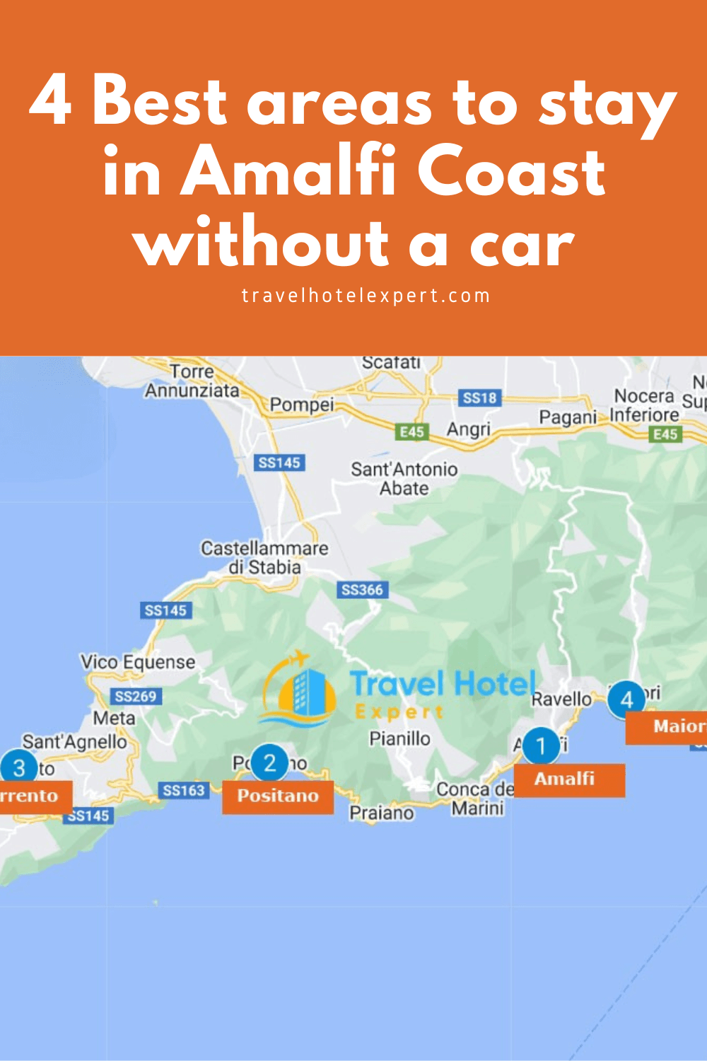 Map of areas in Amalfi Coast without a car