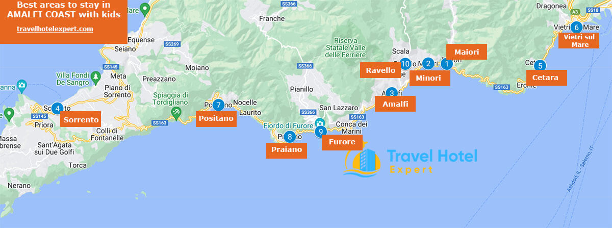 Map best areas to stay in Amalfi Coast with family
