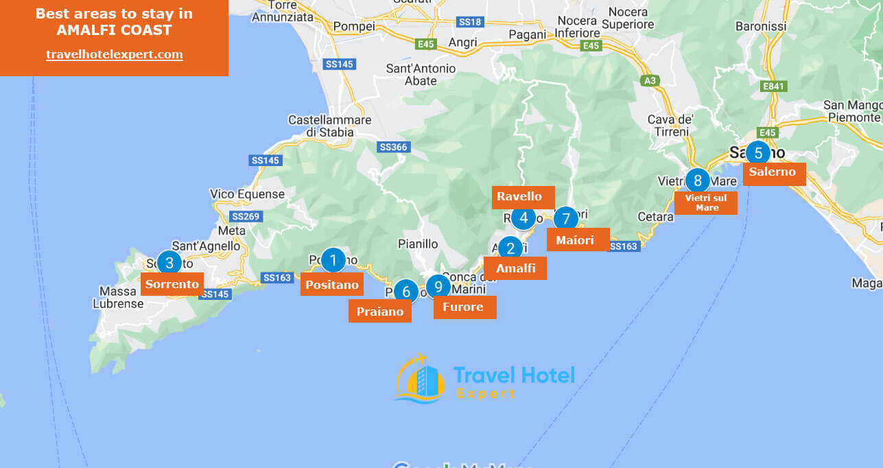 Map best areas to stay in Amalfi Coast first time