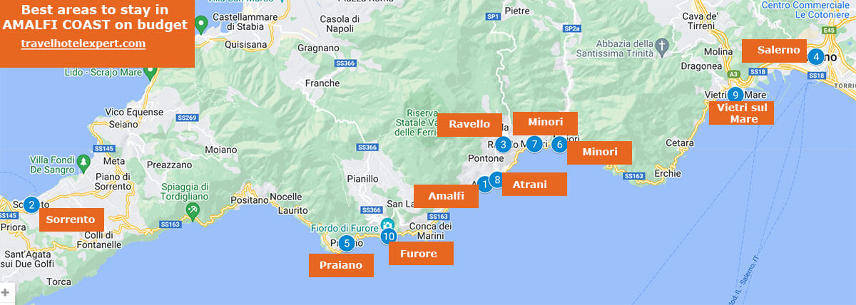 map of best areas to stay in Amalfi Coast on a budget 