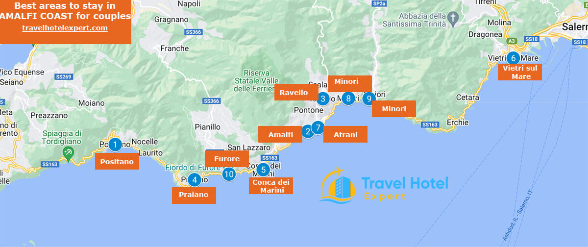 Map of best areas to stay in Amalfi Coast for couples
