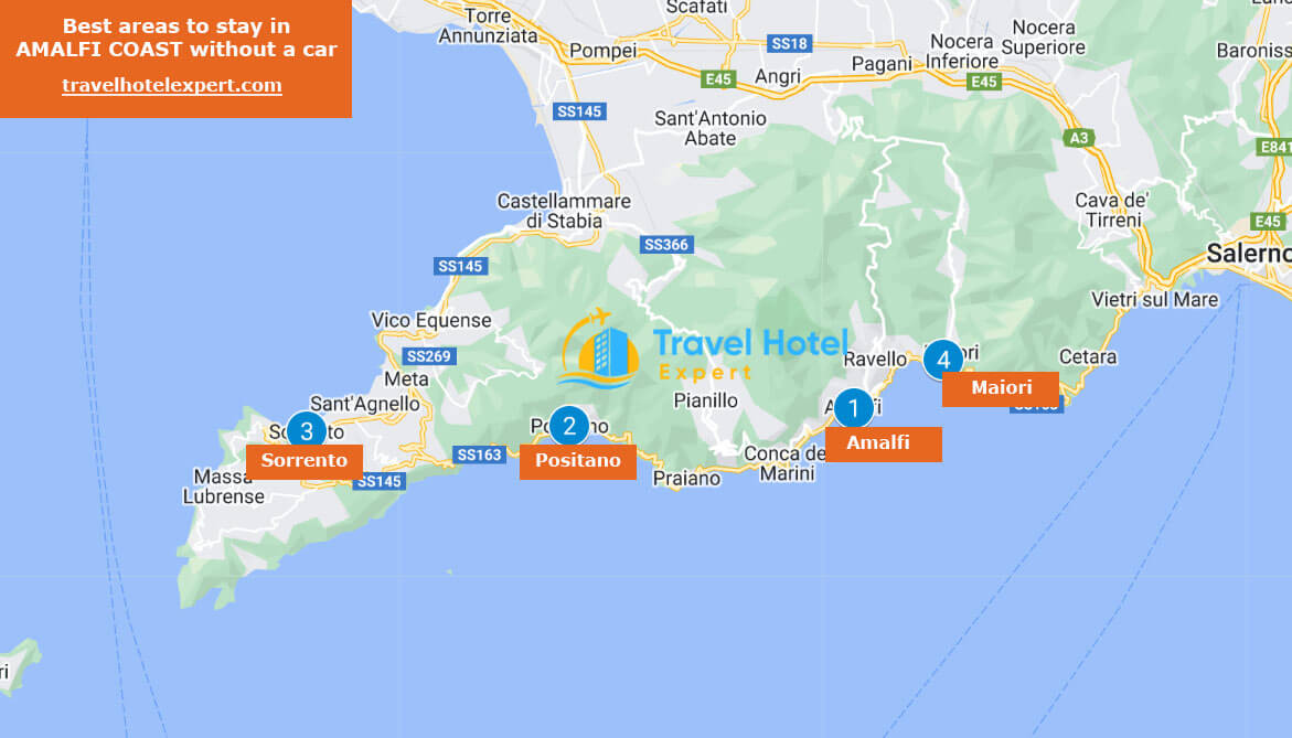 Map of best areas to stay in Amalfi Coast without a car