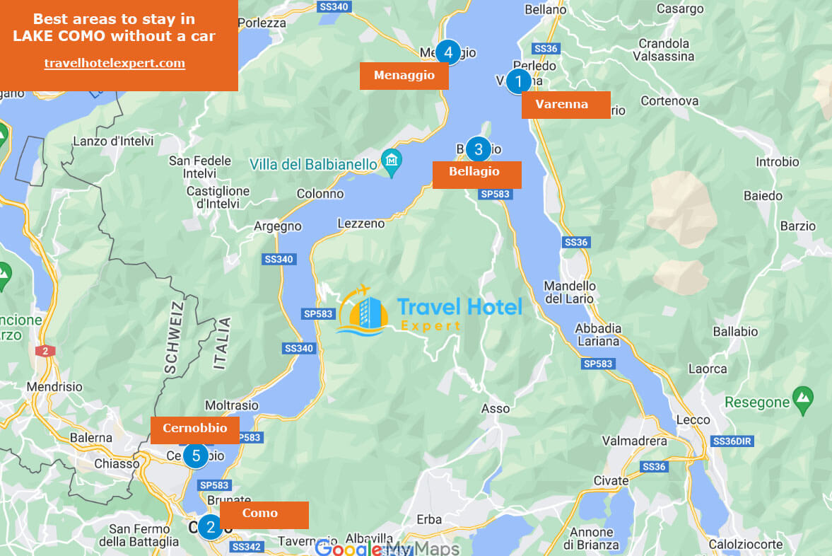 map best areas to stay in Lake Como without a car