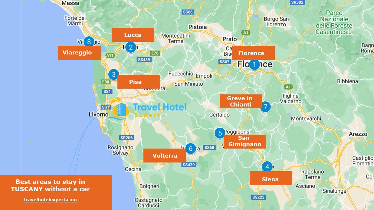 map of Best areas to stay in Tuscany without a car 