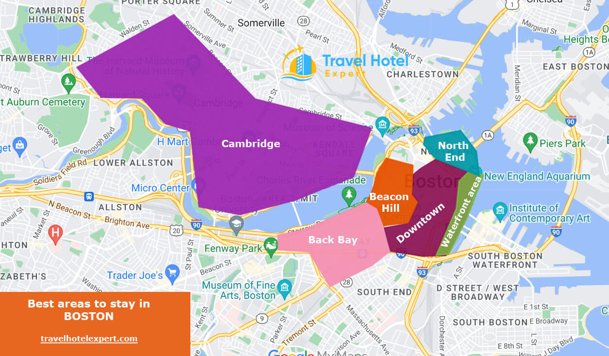 Map of Best areas to stay in Boston without a car 