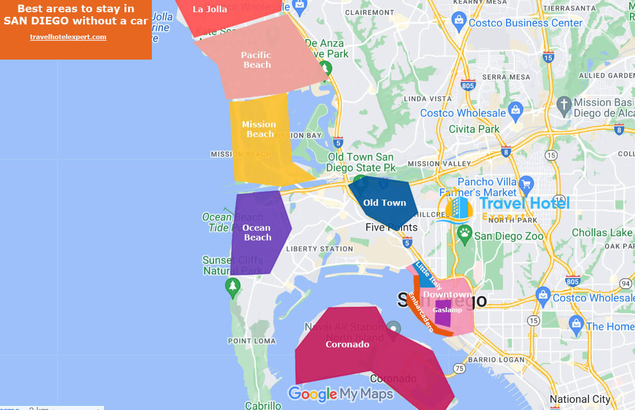 Map of Best areas to Stay in San Diego without a car