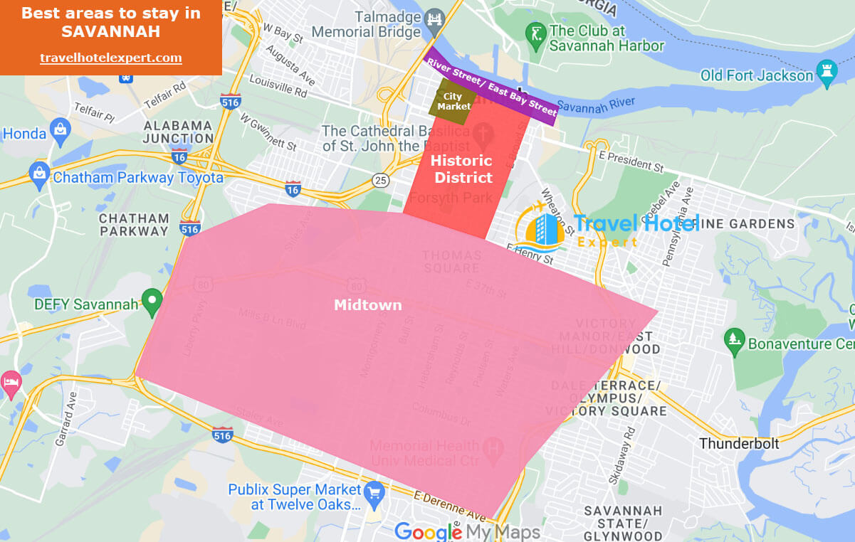 Map of Best areas and neighborhoods to stay in Savannah
