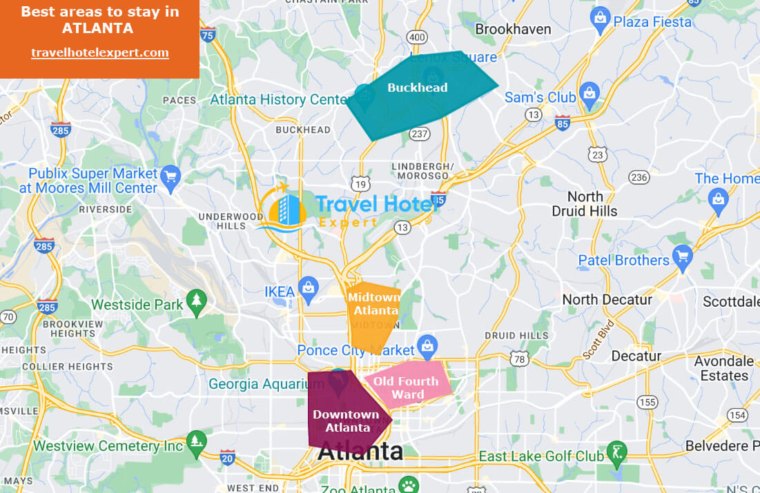 Map of best areas Where to stay in Atlanta without a car