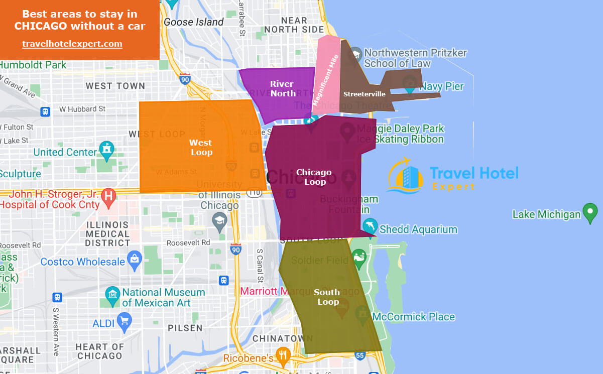 map of best areas to stay in Chicago without a car 