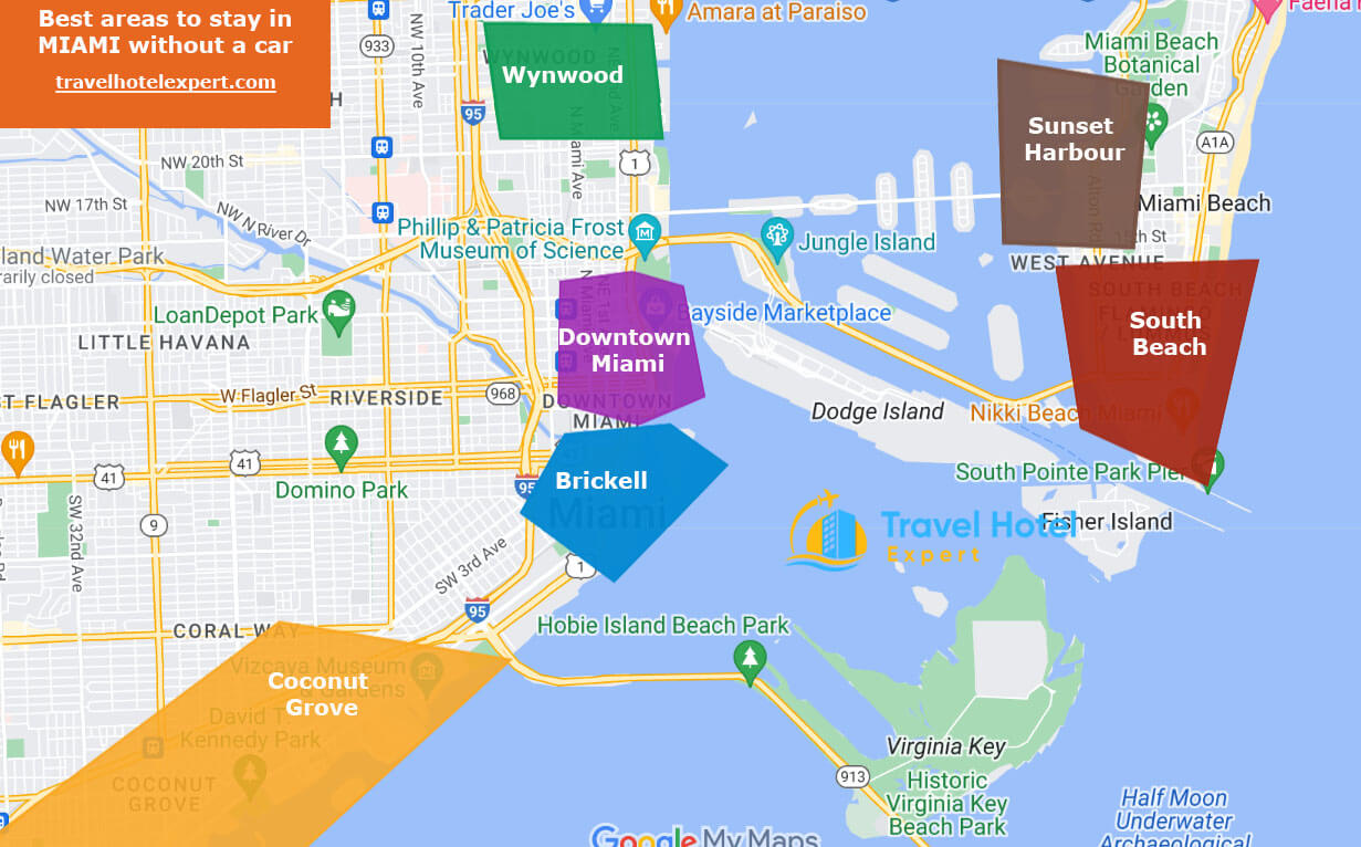 Map best areas to stay in Miami without a car