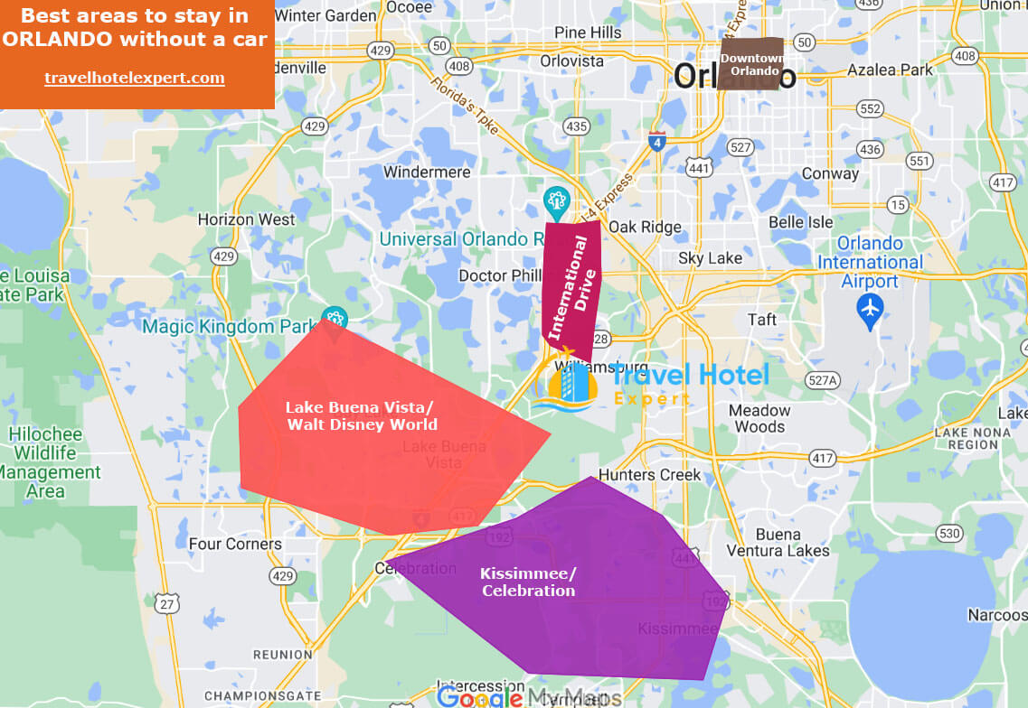 Map of the best areas to stay in Orlando without a car