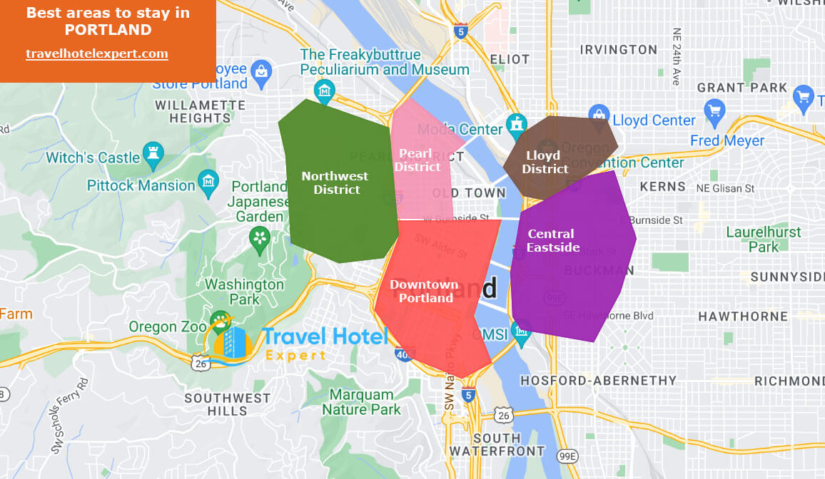 Map of best areas to stay in Portland Oregon without a car 