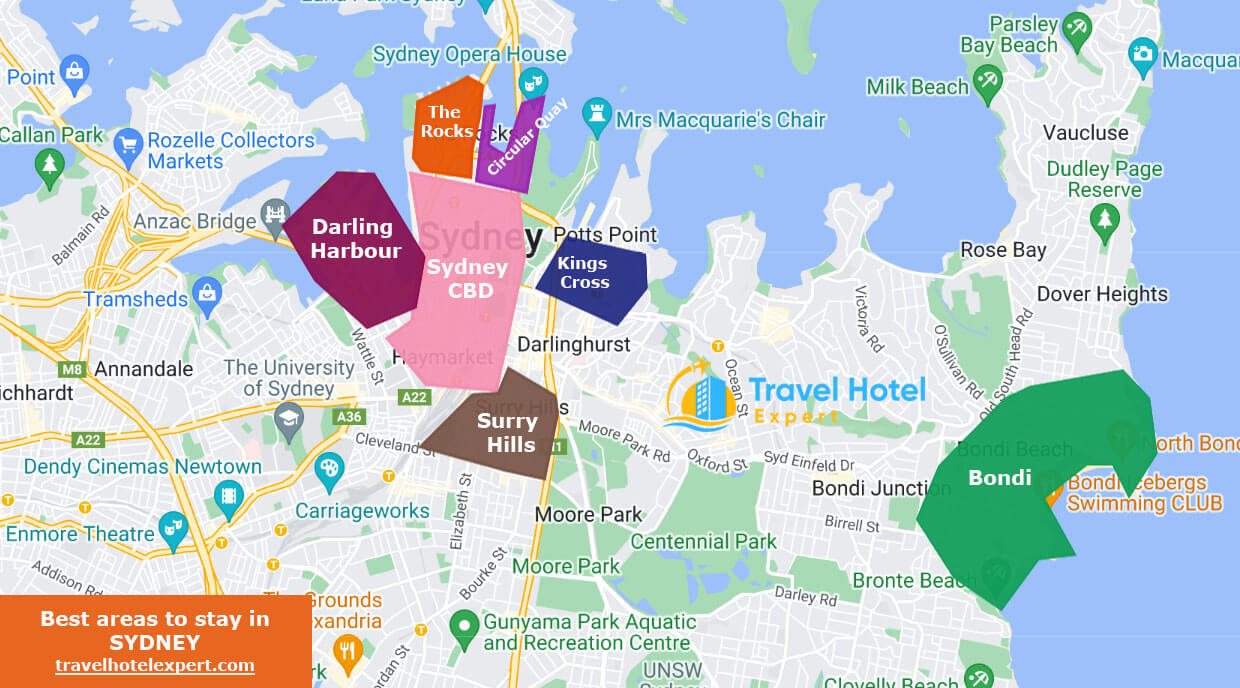 Map of Best areas Where to stay in Sydney without a car: