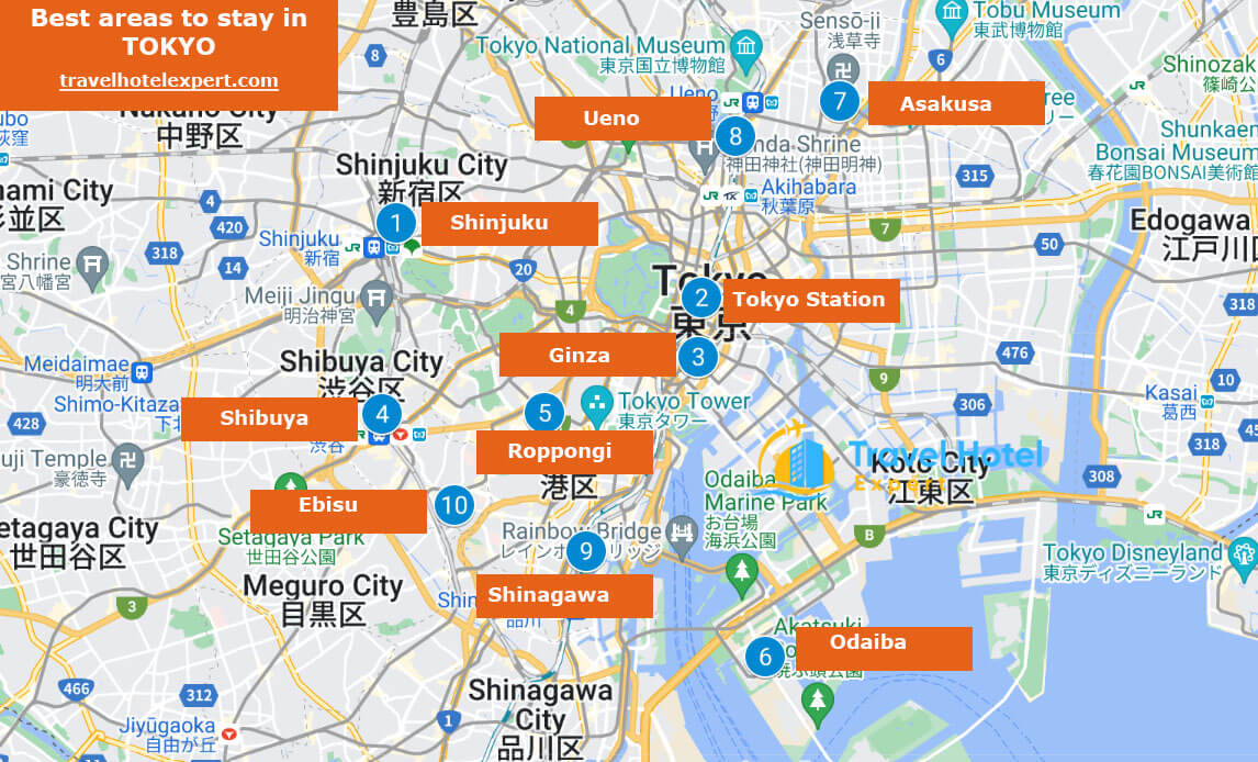 Map of the best areas to stay in Tokyo 