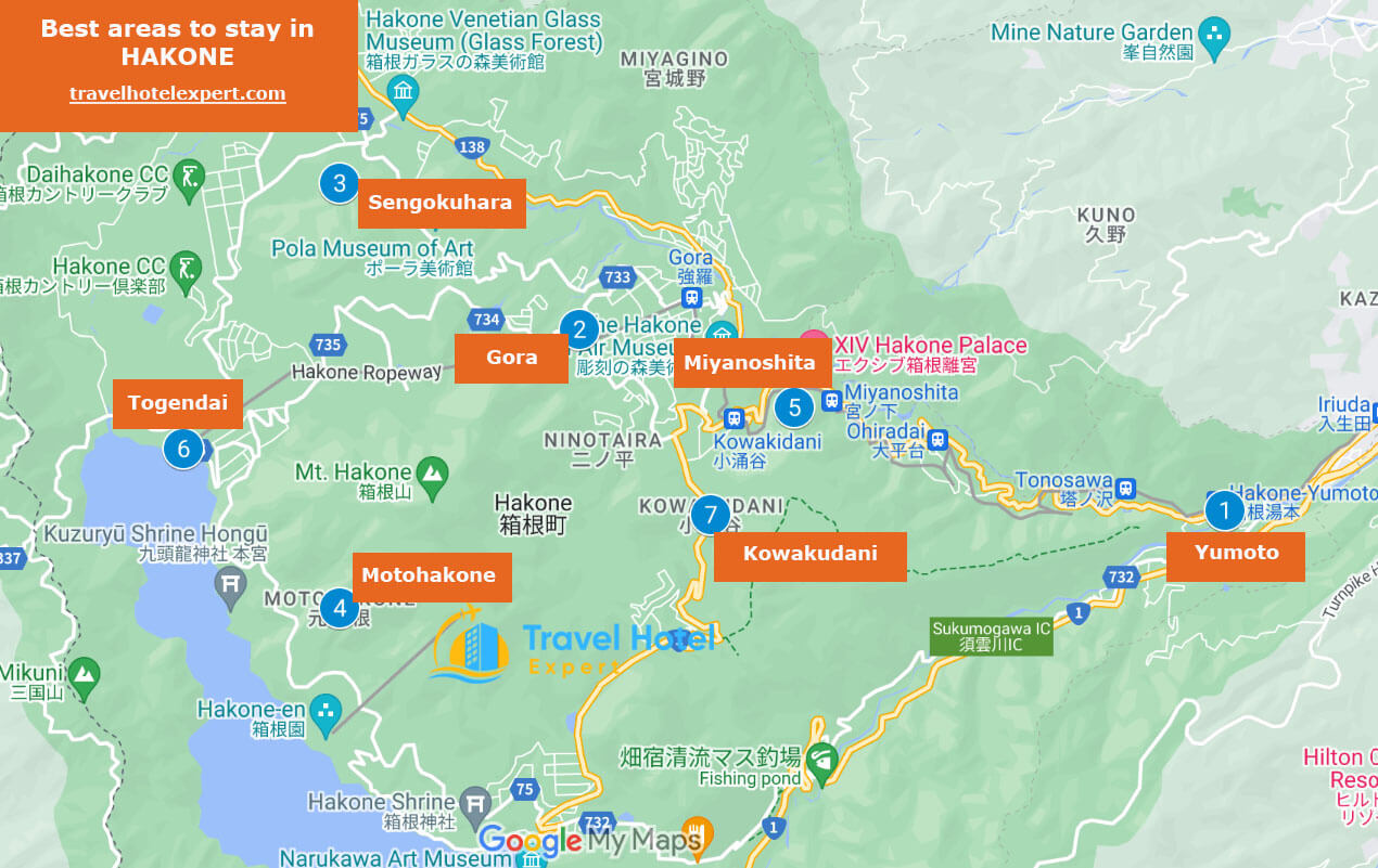 Map of the best areas to stay in Hakone without a car
