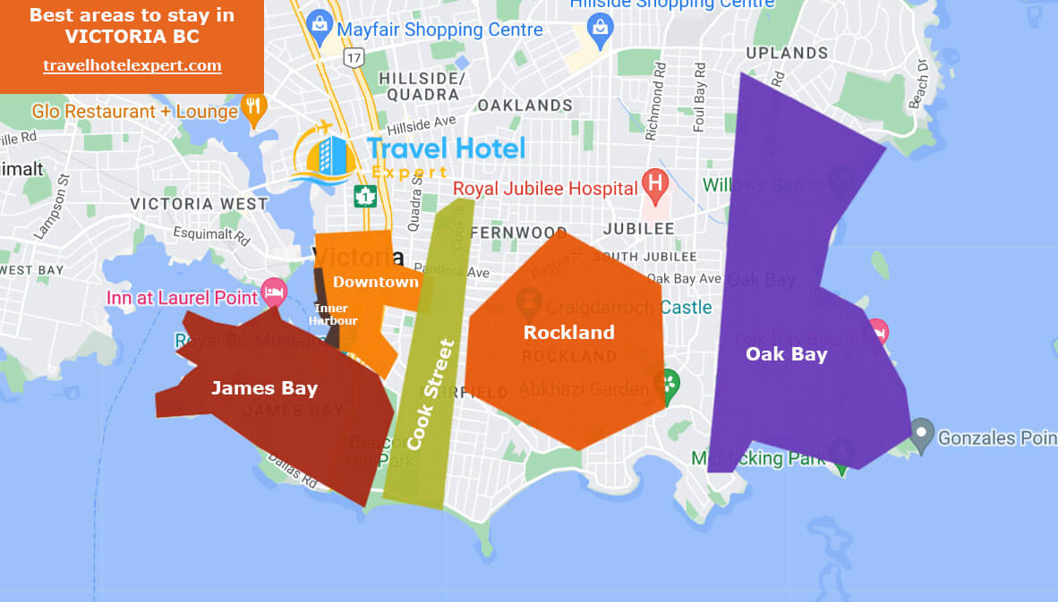 Map of the best areas to stay in Victoria BC without a car
