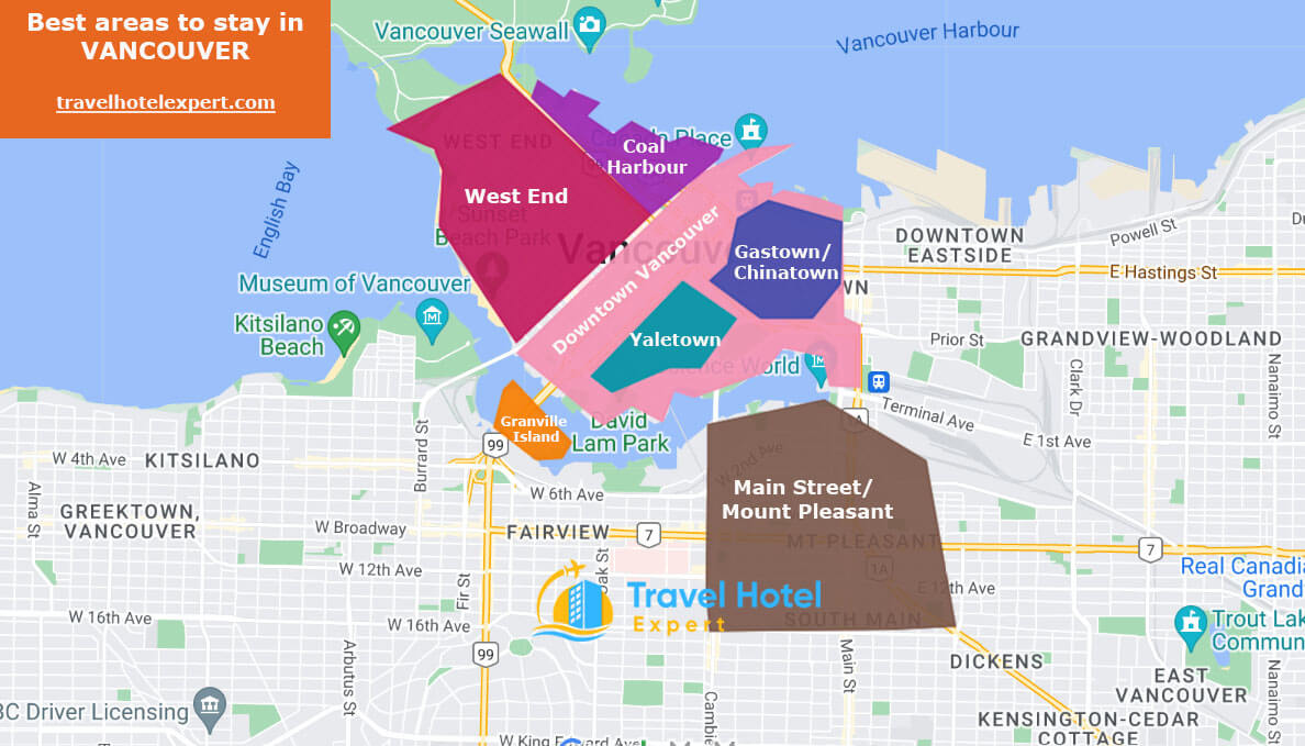 Map of the best areas to stay in Vancouver without a car