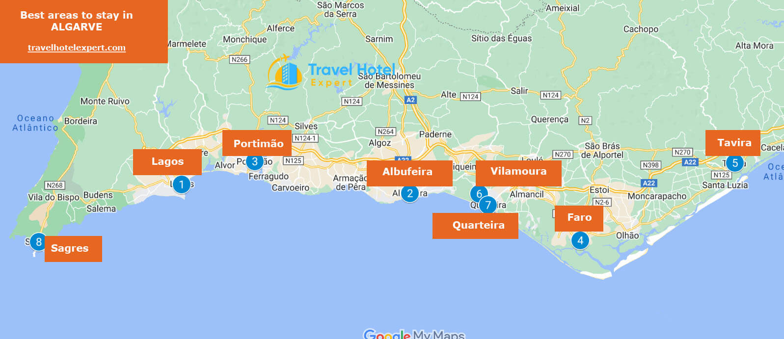Map of the best areas to stay in Algarve without a car