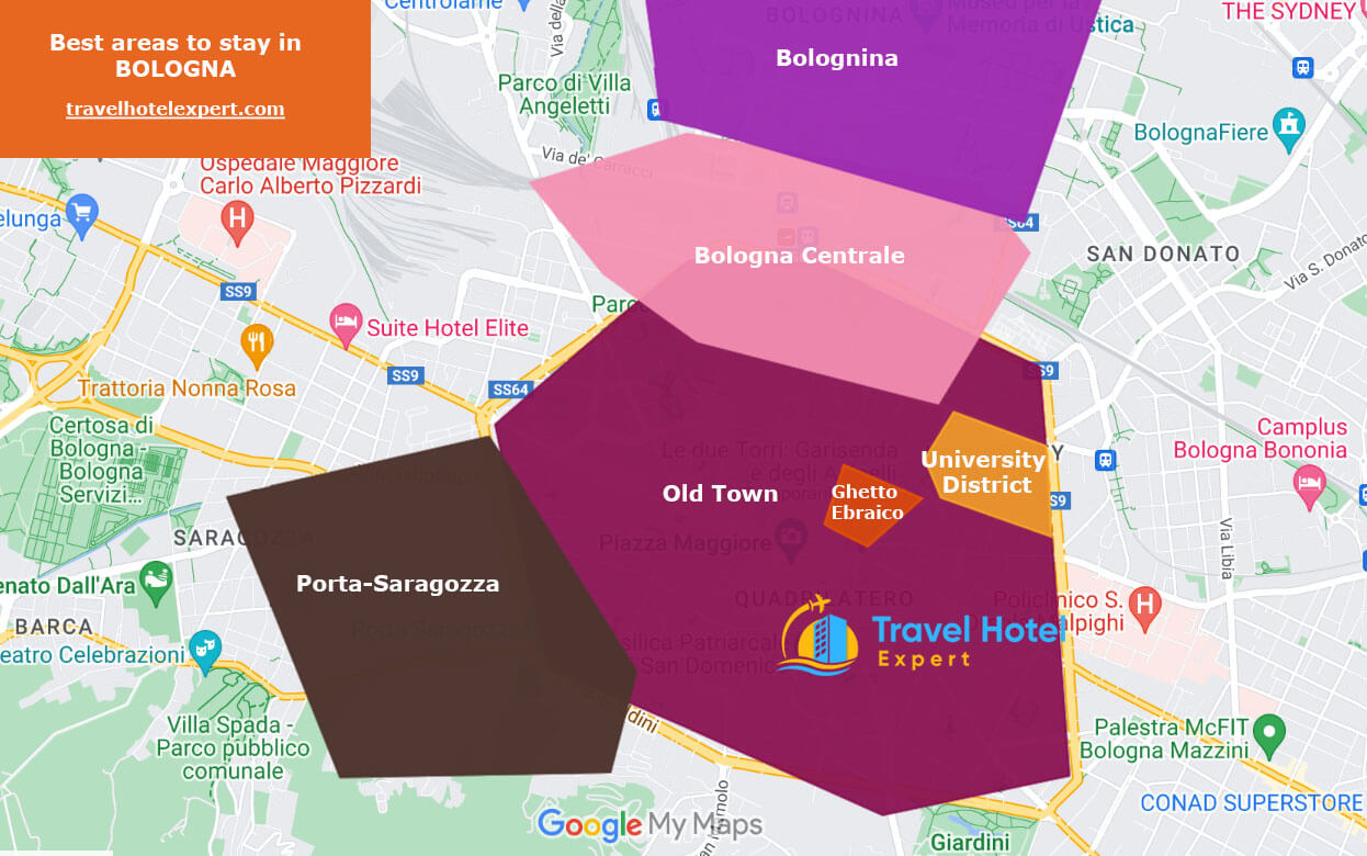 Map of the best areas to stay in Bologna without a car