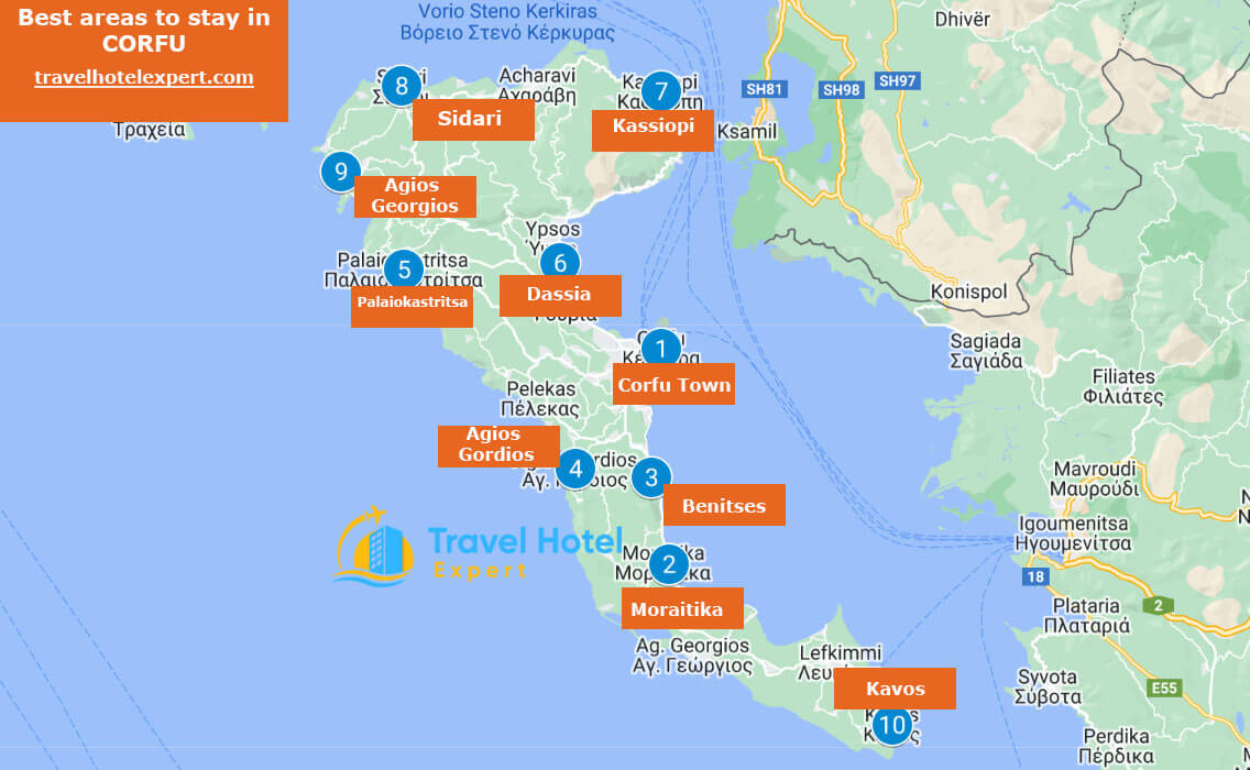 Map of the best areas to stay in Corfu without a car