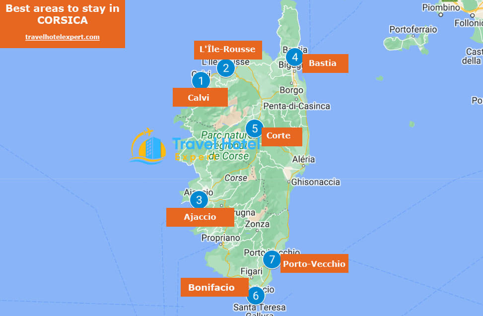 Map of the best areas to stay in Corsica without a car