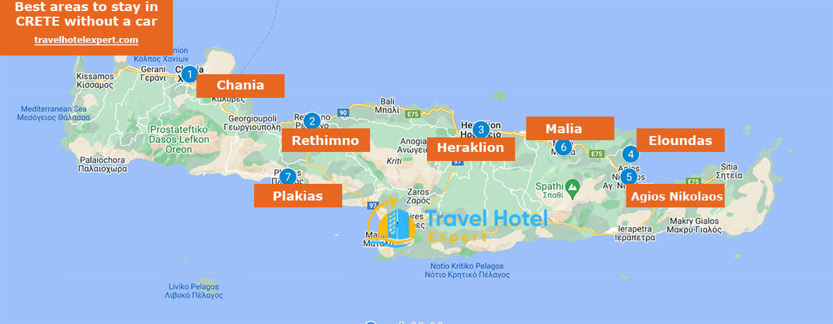 Map of the best areas to stay in Crete without a car