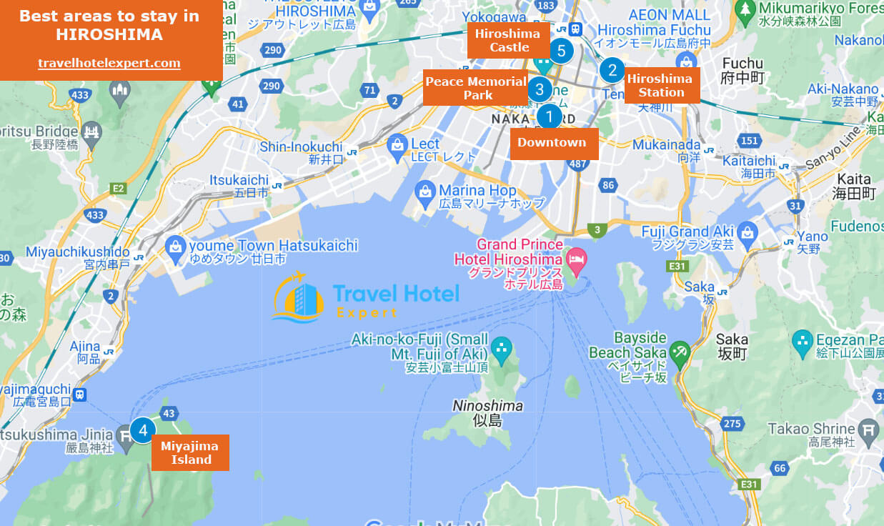 Map of the best areas to stay in Hiroshima first time