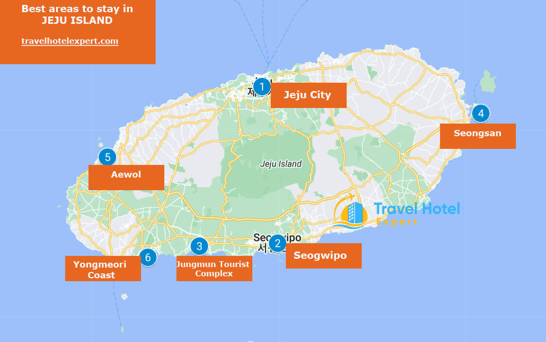 Map of the best areas to stay in Jeju Island without a car