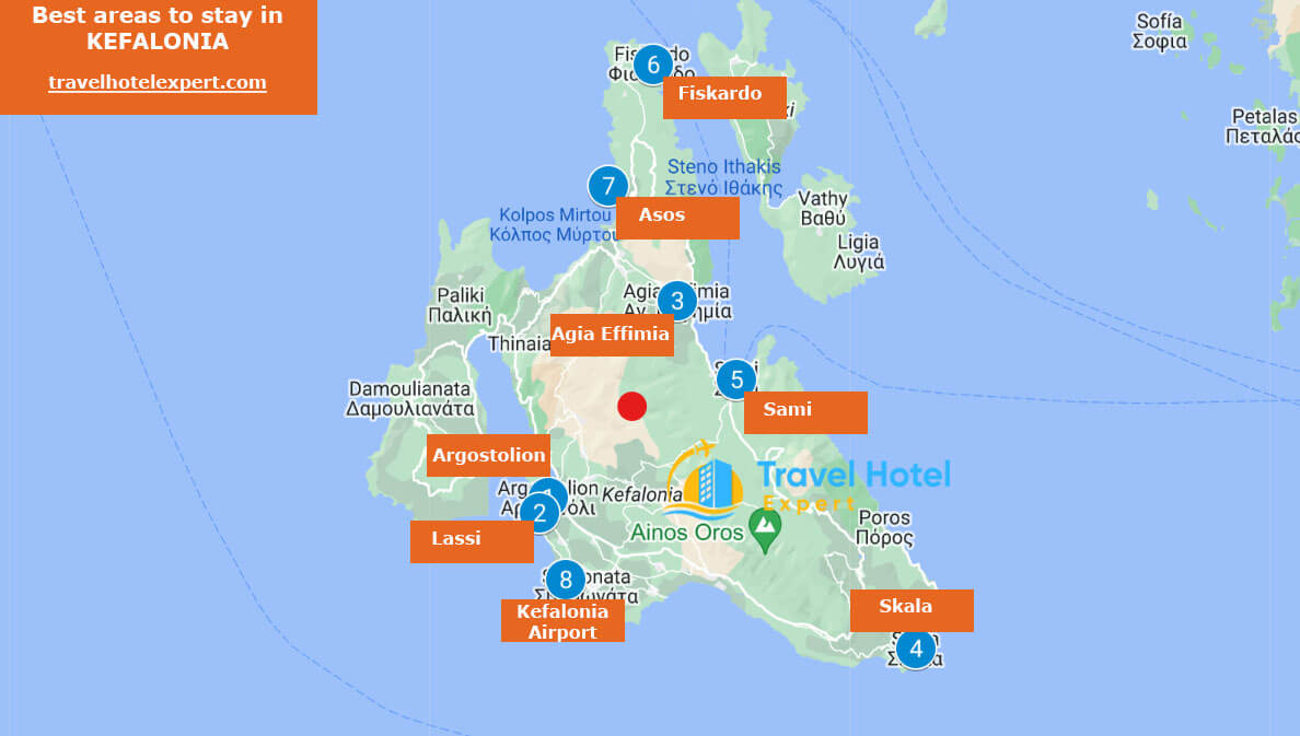 Map of the best areas to stay in Kefalonia without a car