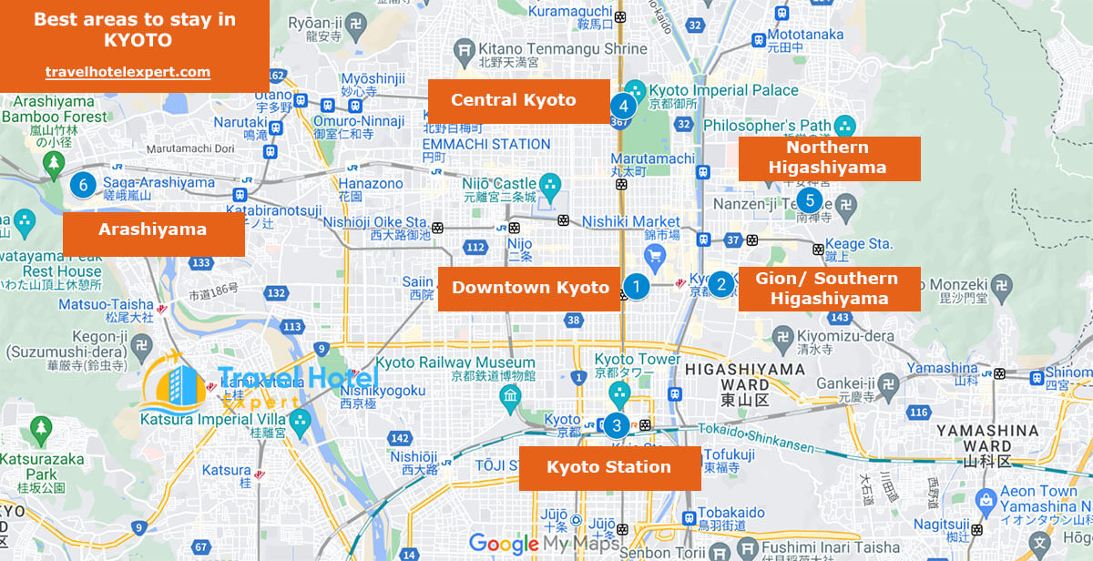 Map of the best areas to stay in Kyoto 