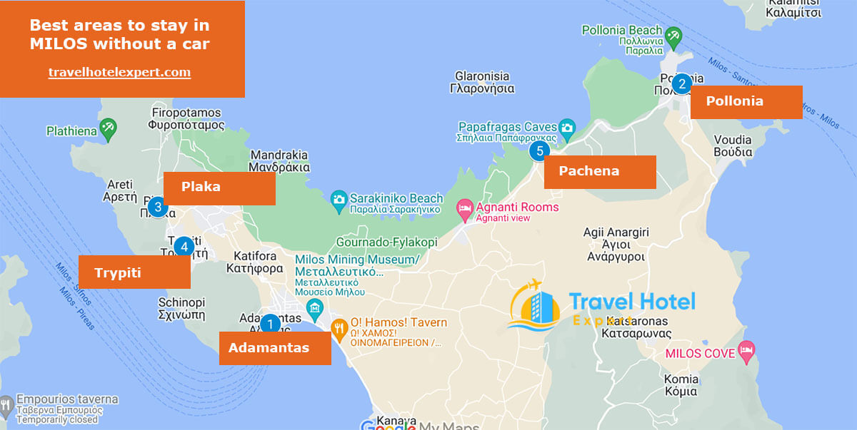 Map of the best areas to stay in Milos without a car