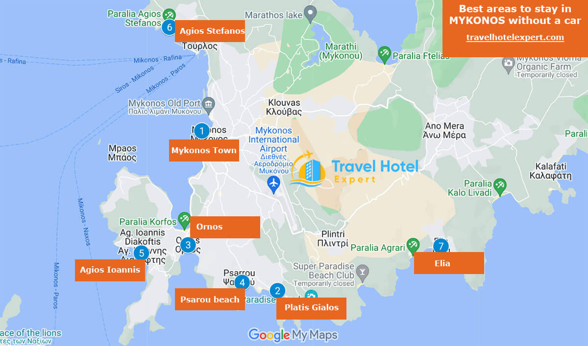 Map of the best areas to stay in Mykonos without a car