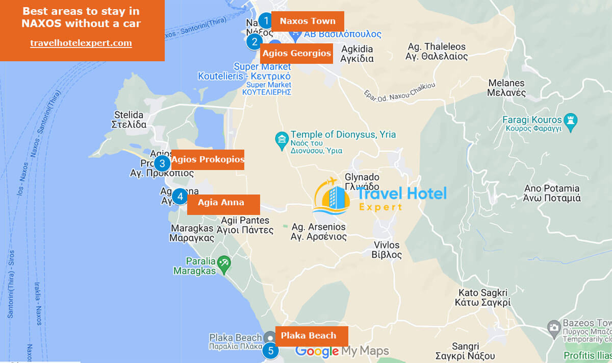 Map of the best areas to stay in Naxos without a car