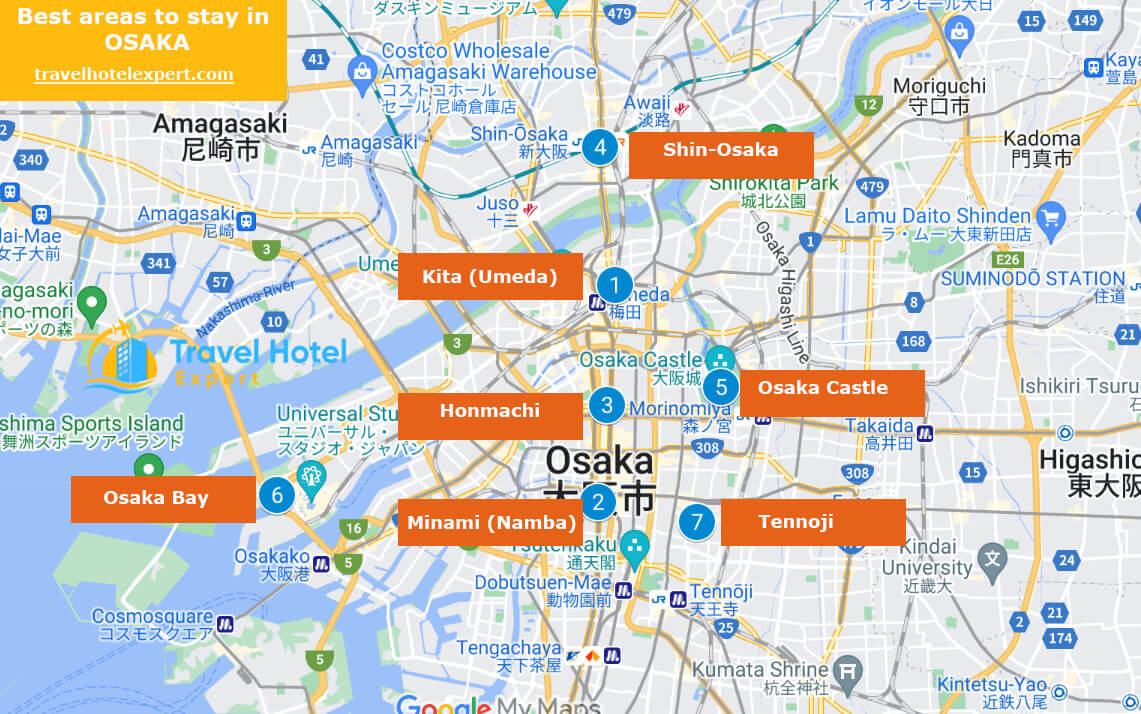 Map of the best areas to stay in Osaka