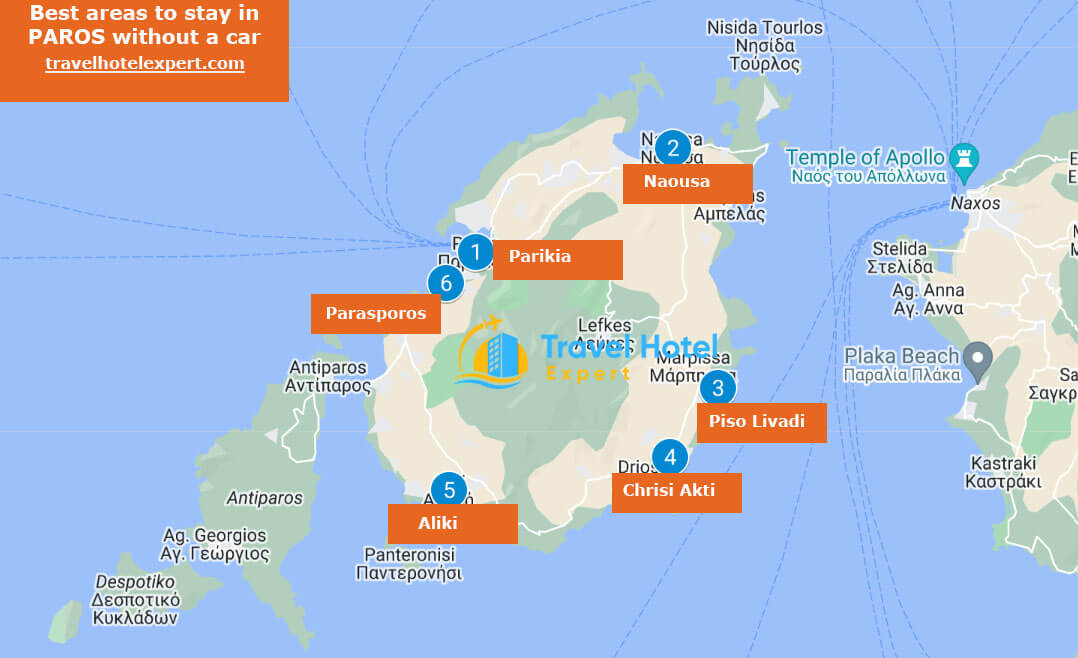 Map of the best areas to stay in Paros without a car