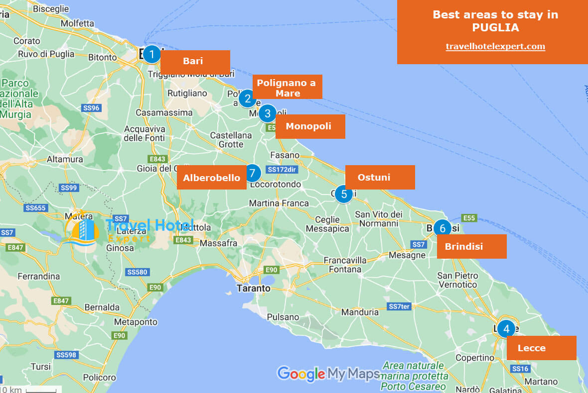 Map of the best areas to stay in Puglia without a car