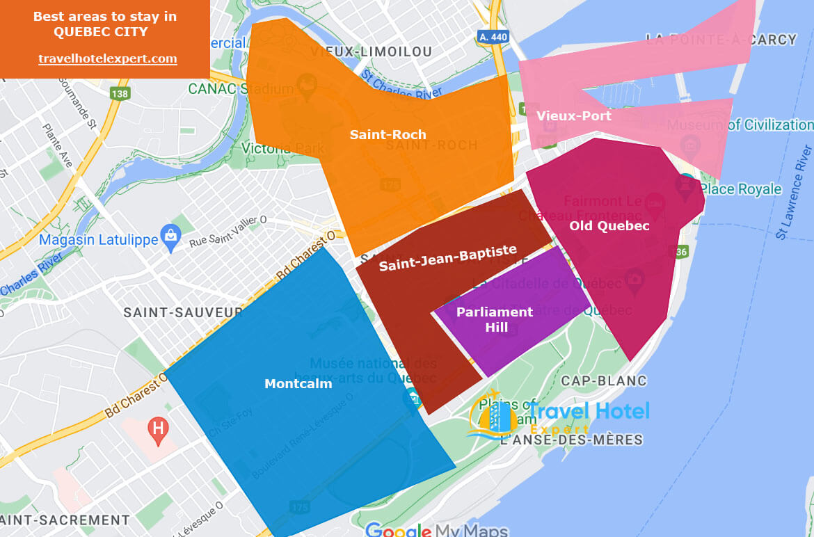 Map of the best areas to stay in Quebec City without a car