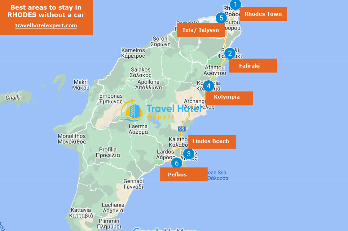 Map of the best areas to stay in Rhodes without a car