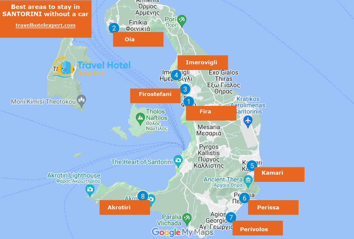Map of the best areas to stay in Santorini without a car