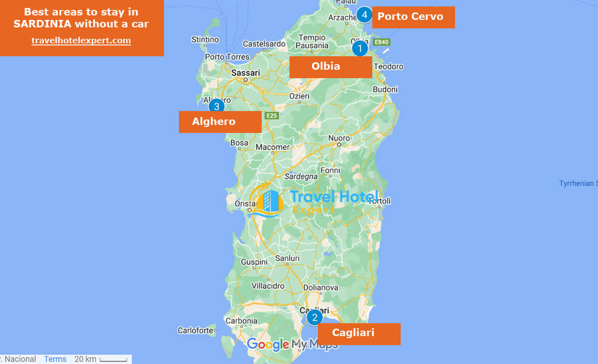 Map of the best areas to stay in Sardinia without a car