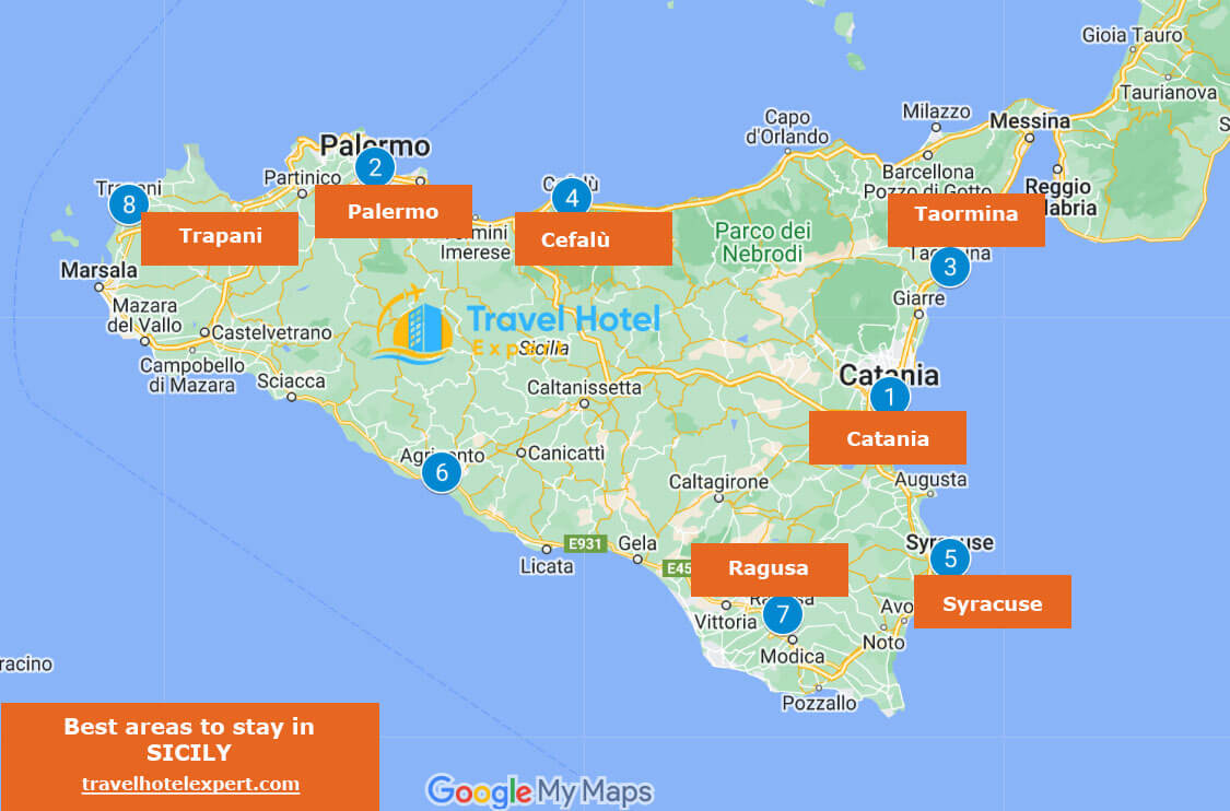 Map of the best areas to stay in Sicily without a car