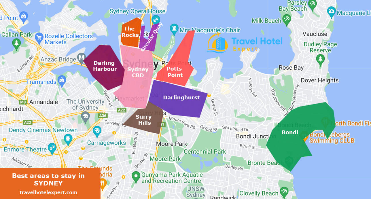 Map of the best areas to stay in Sydney first time