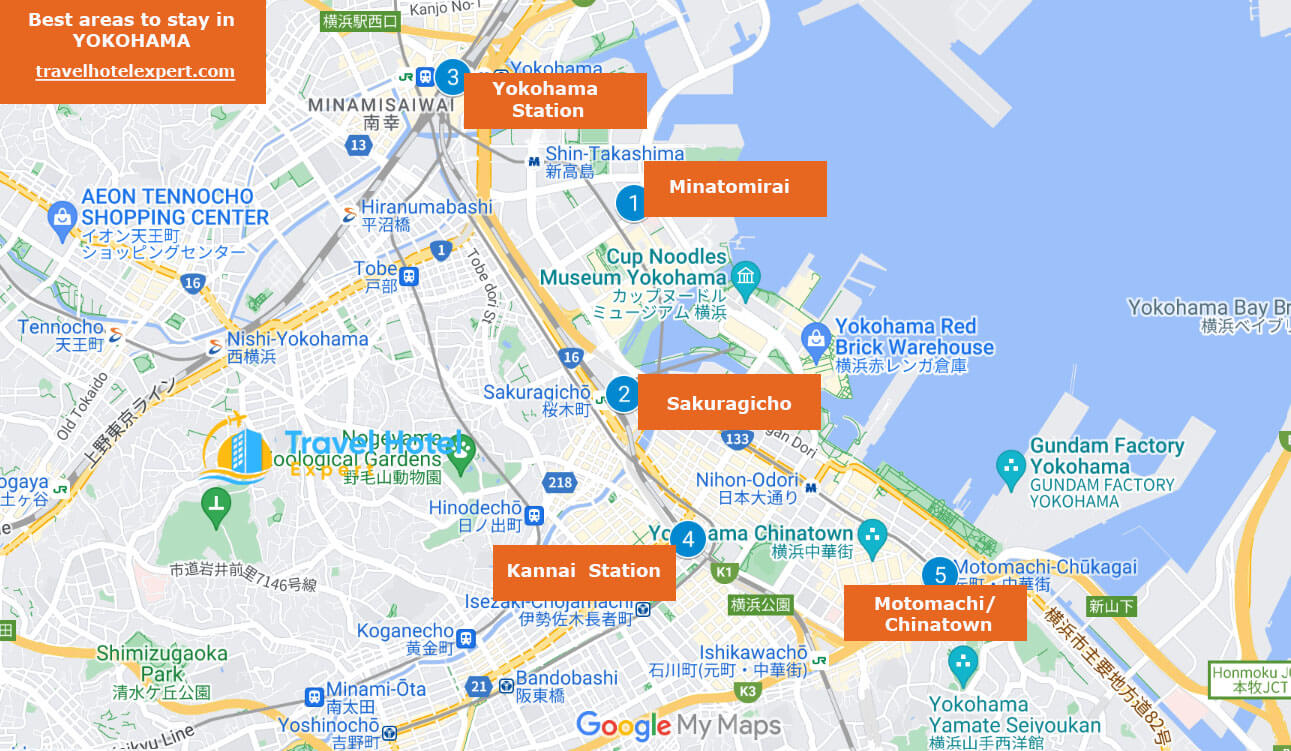 Map of the best areas to stay in Yokohama first time