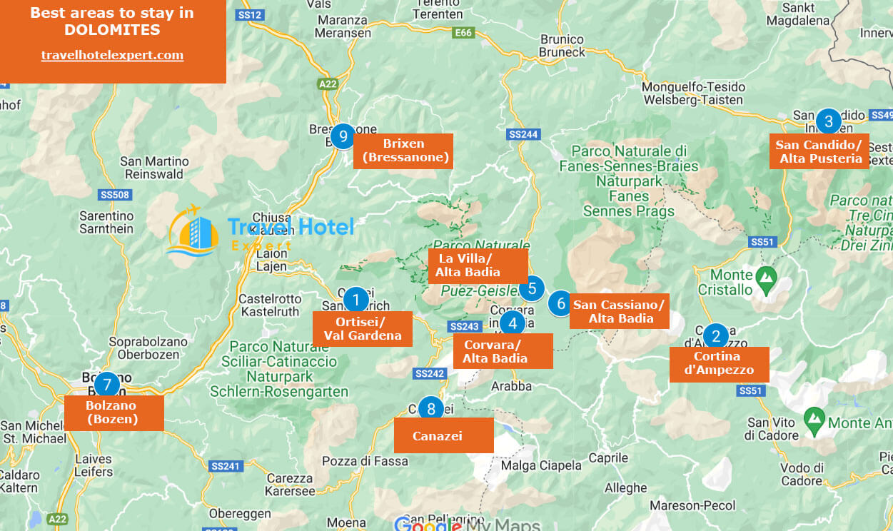 Map of the best areas to stay in Dolomites without a car