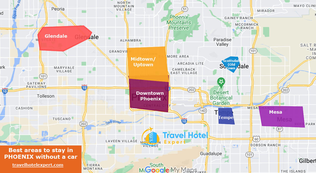 Map of the best areas to stay in Phoenix without a car