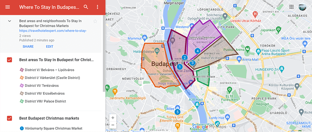 Map of the best areas to stay in Budapest for Christmas Markets
