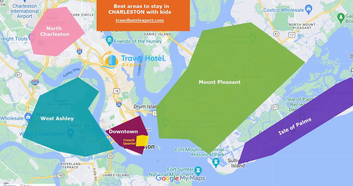 Map of the best areas to stay in Charleston for families with kids